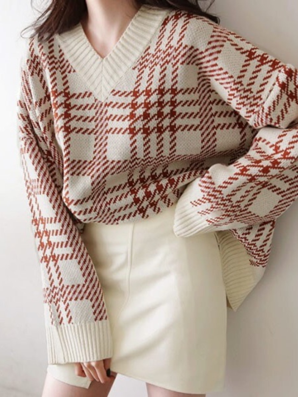 Oak + Fort V-Neck Plaid Knit Oversized Sweater | One size